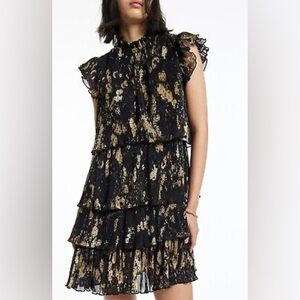 All Saints Antheia Kiku Mini Dress Black Print gold Print size 12